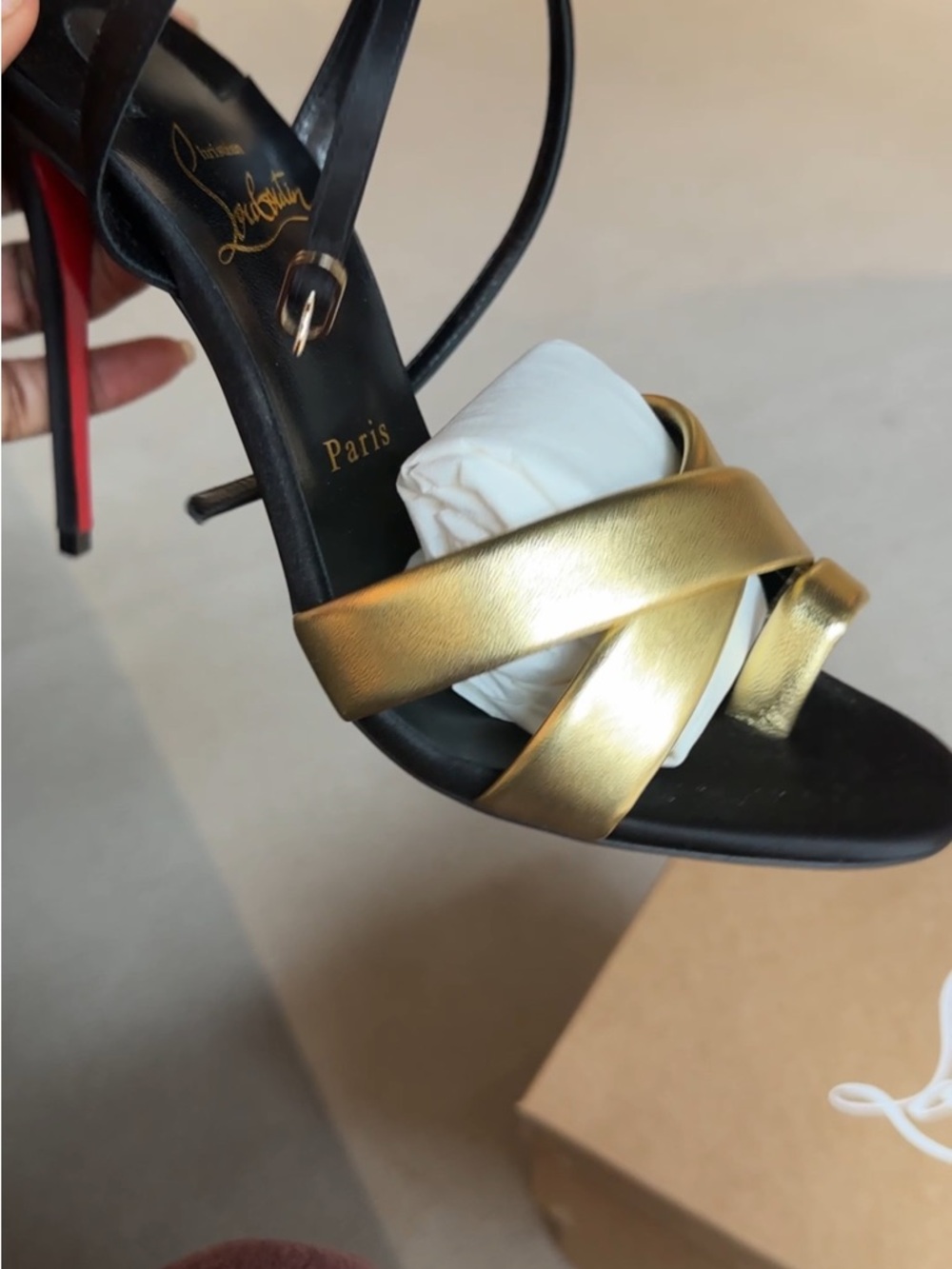 Christian Louboutin Gold and Black Strappy Stiletto Sandals - Picture 2 of 6